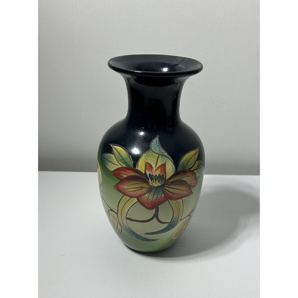 Beautiful Vintage Accent Hand Painted  Multi Color Floral 8" Pottery Vase